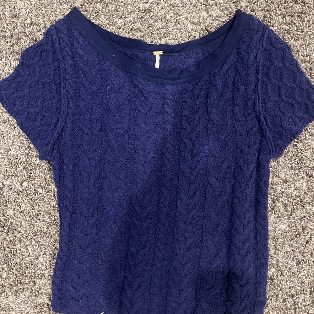 Free People Navy Cable Knit Short Sleeve Top